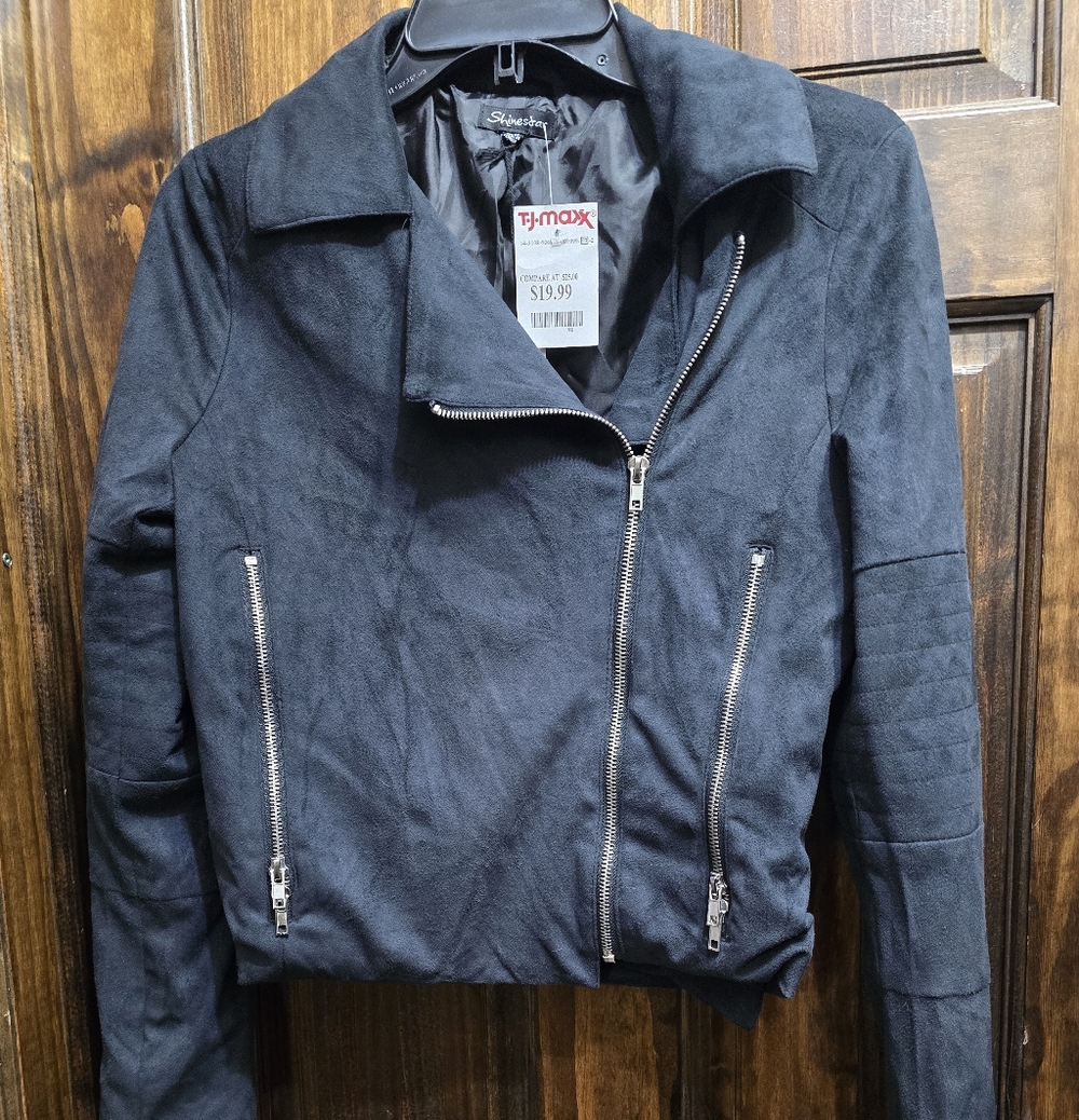 Womens Cropped Moto Jacket Motorcycle Style Faux Suede Leather